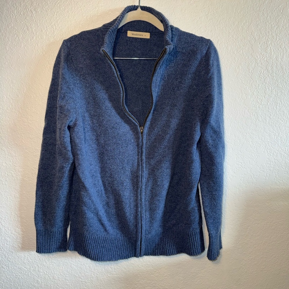 WoolOvers Blue 100% Lambswool Zip Front Cozy Sweater Size M